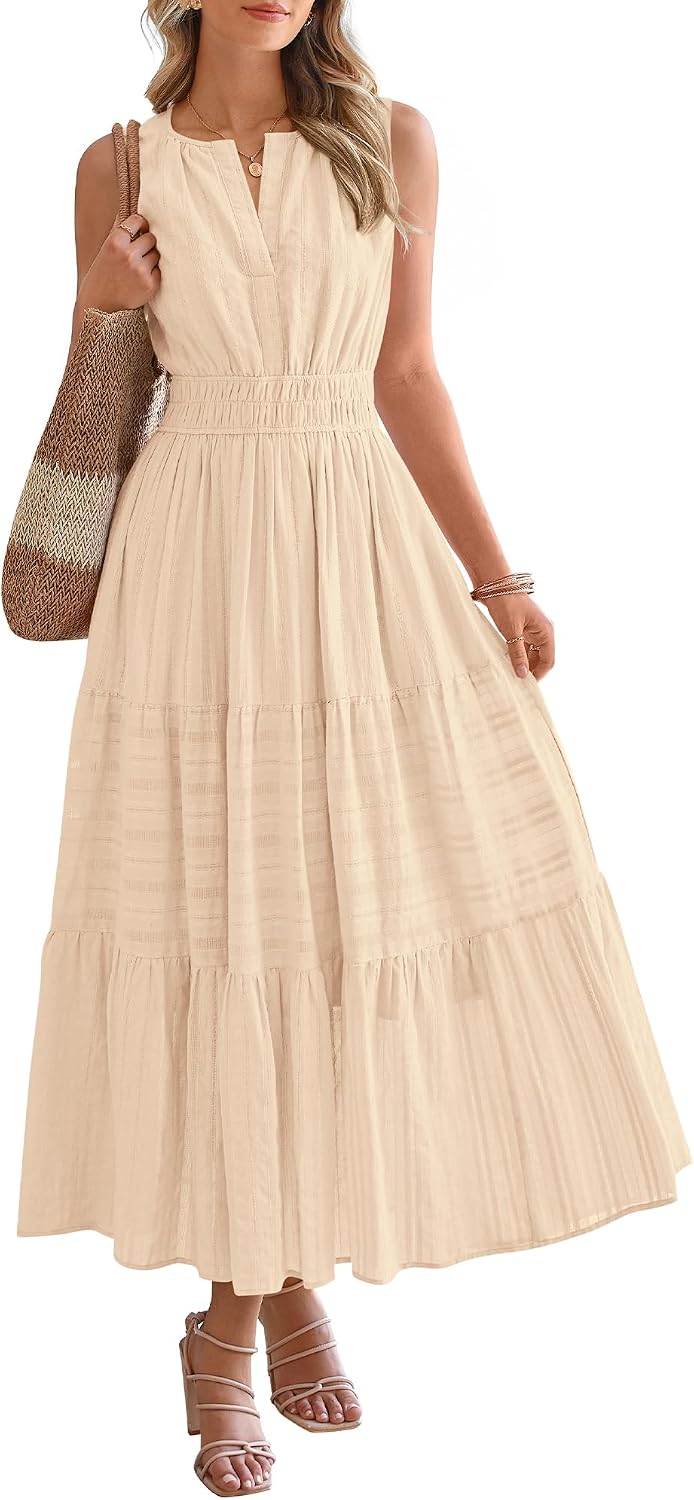 BTFBM Womens Summer Casual Midi Maxi Dress 2026 | Lightweight Sleeveless Boho Sundress,Elastic Waist A Line,V Neck Cotton Long Dresses Pockets,Beach Vacation,Fashion Clothing
