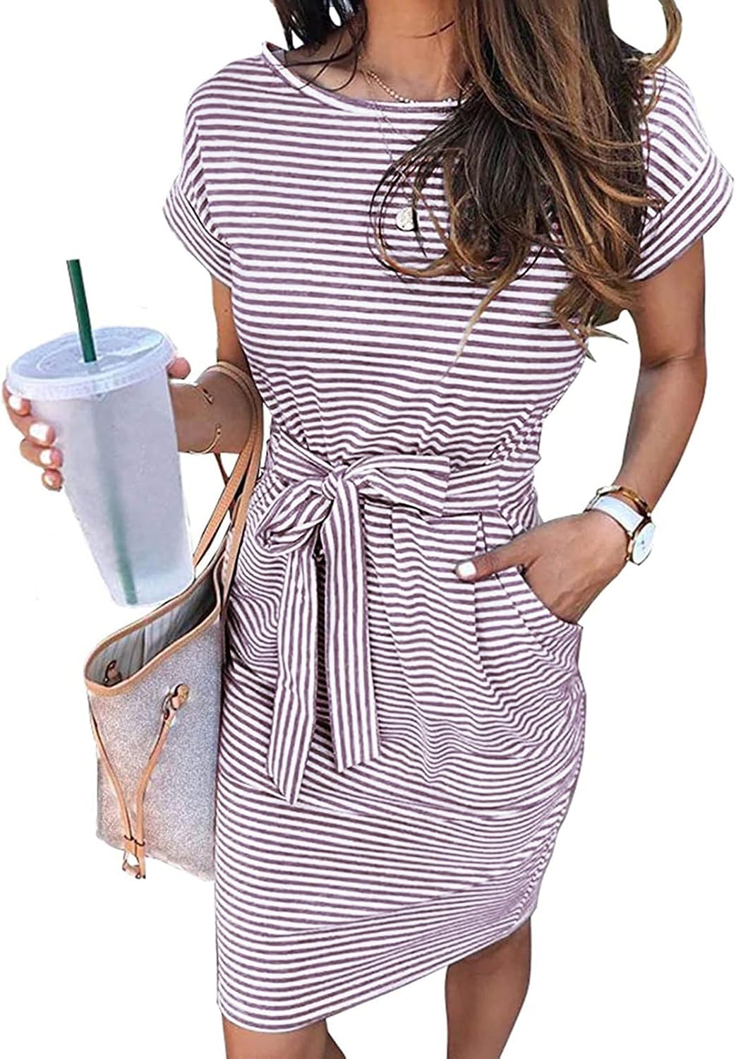MEROKEETY Women's 2026 Summer Short Sleeve Casual T Shirt Dress | Striped, Tie Waist, Crew Neck, Work Vacation Beach, Trendy Fashion Cute Short Dresses