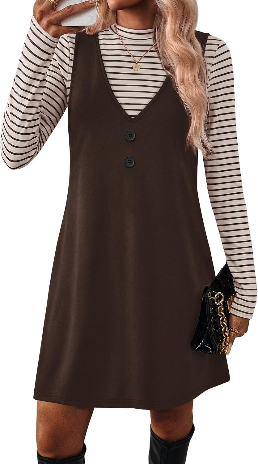 OFEEFAN Fall Dresses for Women 2 Piece Sets Long Sleeve Overall Dress with Pockets Abvoe Knee Fashion Winter Clothing