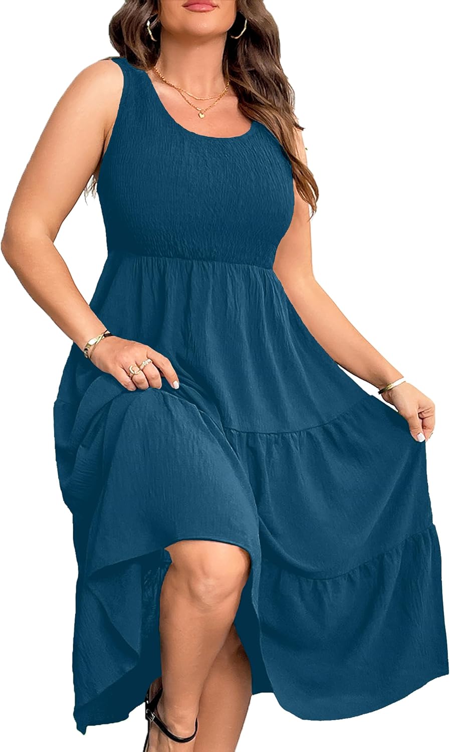 RWJ Plus Size Summer Sleeveless Tank Dress for Women Smocked Midi Sundress | Casual Loose Fit, Tiered Long Dresses, Beach Vacation, Holiday, Wedding Guest, Cocktail Party, Resort, Music Festival, Date