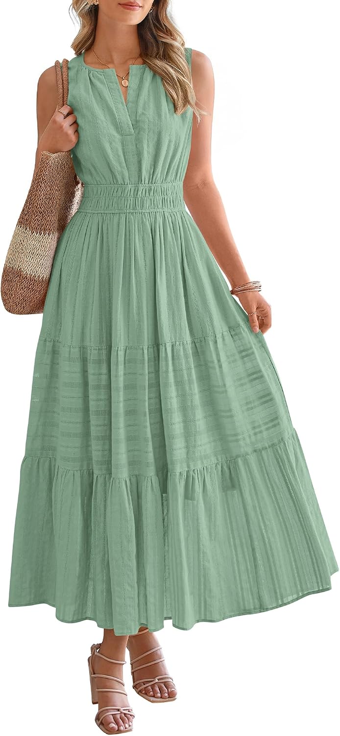 BTFBM Womens Summer Casual Midi Maxi Dress 2026 | Lightweight Sleeveless Boho Sundress,Elastic Waist A Line,V Neck Cotton Long Dresses Pockets,Beach Vacation,Fashion Clothing