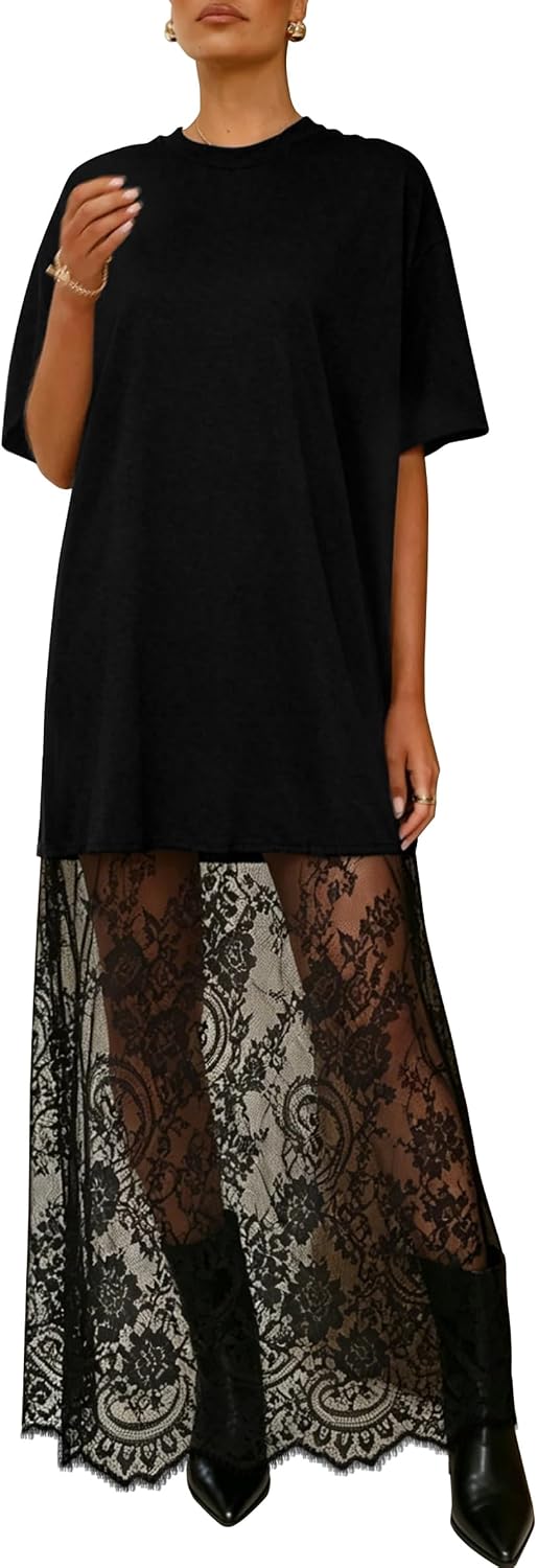 miduo Womens Summer Short Sleeve Crewneck Lace Patchwork Maxi Dresses | Casual Lace Patchwork Maxi Dress Long Shift Dresses