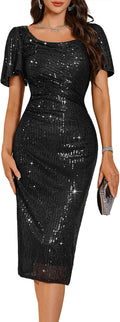 BeryLove Women Sequin Formal Cocktail Elegant Midi Dress with Ruffle Sleeve | Sparkly Wrap Bodycon Dresses, Ideal for Party, Wedding Guest, Evening, Prom