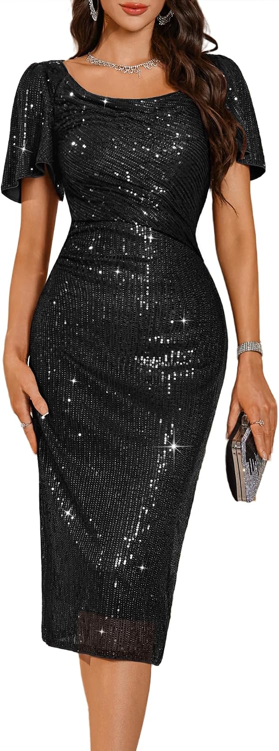 BeryLove Women Sequin Formal Cocktail Elegant Midi Dress with Ruffle Sleeve | Sparkly Wrap Bodycon Dresses, Ideal for Party, Wedding Guest, Evening, Prom