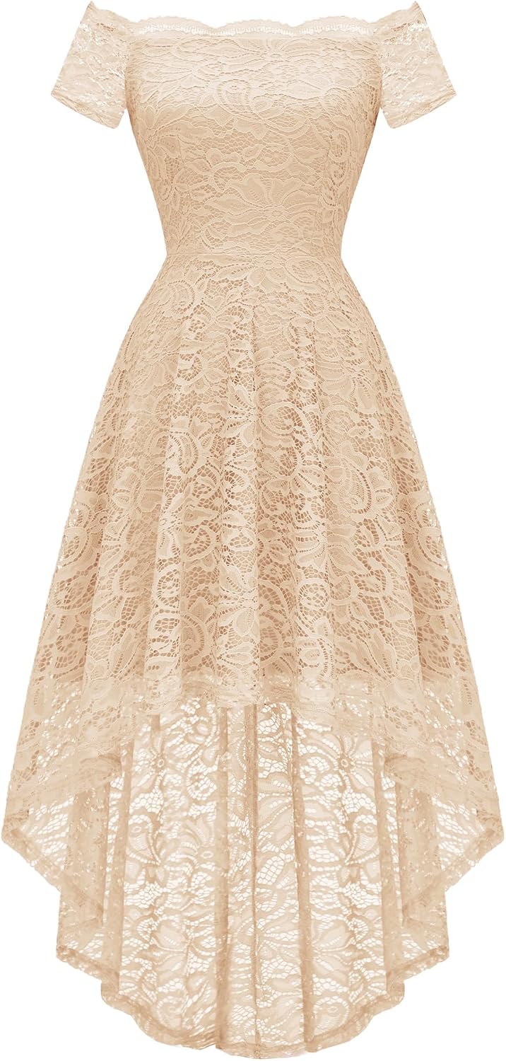 Dressystar Women's Lace Off Shoulder Cocktail Formal Wedding Guest Dress | Hi Lo Bridesmaid Wedding Dresses,Short Sleeve Party Swing Dress, A Line Design,Convertible Neckline,Soft Lace Long Dress