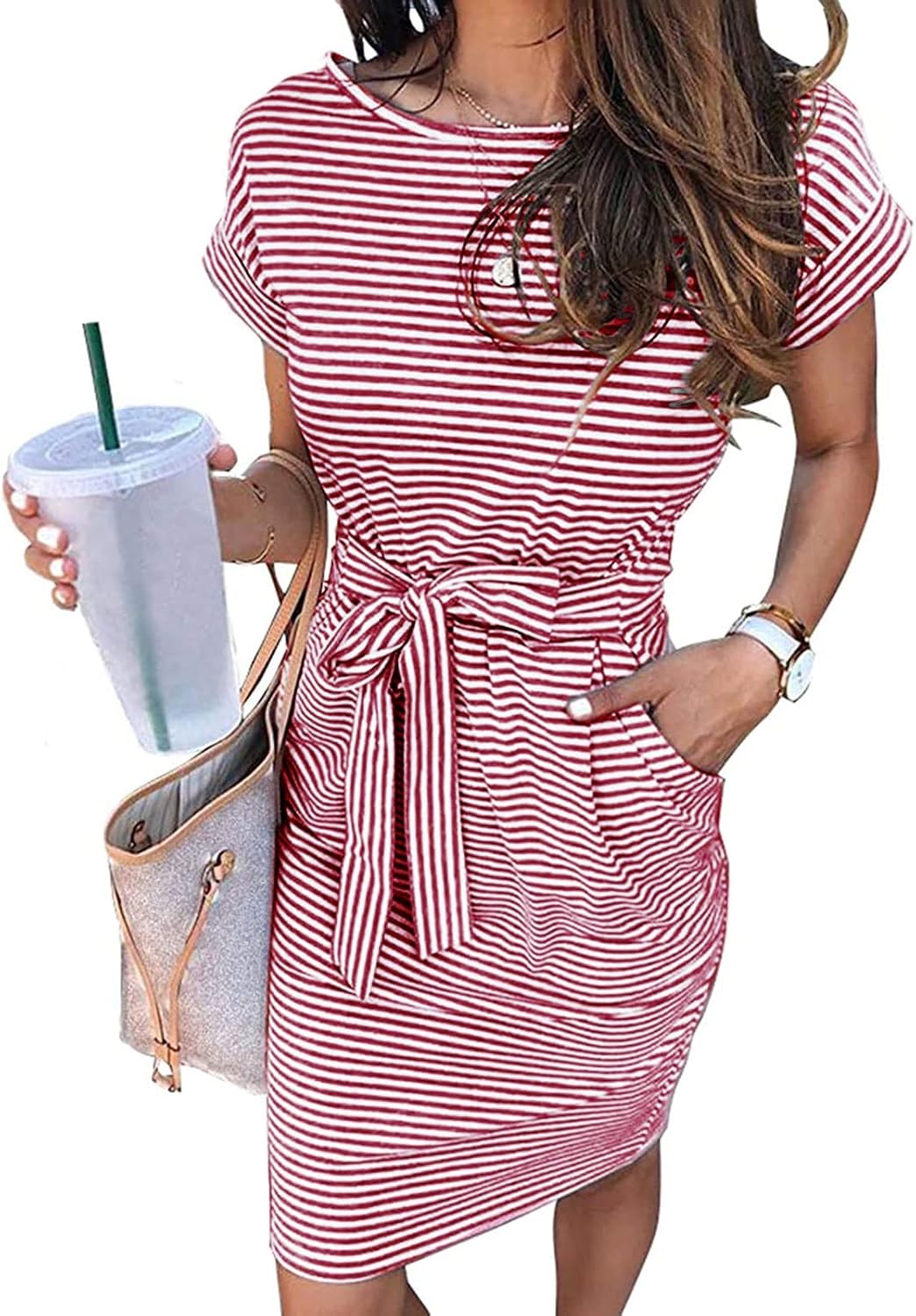 MEROKEETY Women's 2026 Summer Short Sleeve Casual T Shirt Dress | Striped, Tie Waist, Crew Neck, Work Vacation Beach, Trendy Fashion Cute Short Dresses