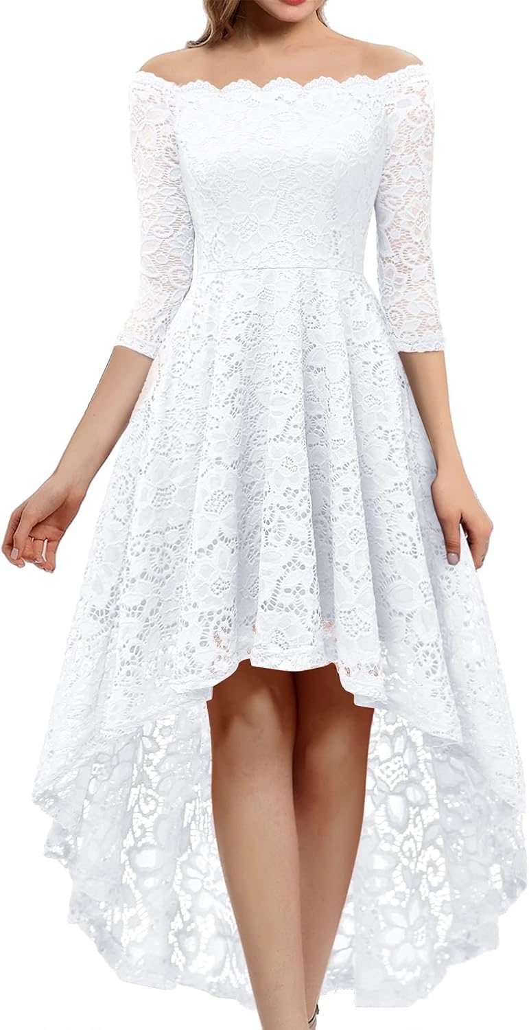 Dressystar Women's Lace Off Shoulder Cocktail Formal Wedding Guest Dress | Hi Lo Bridesmaid Wedding Dresses,Short Sleeve Party Swing Dress, A Line Design,Convertible Neckline,Soft Lace Long Dress