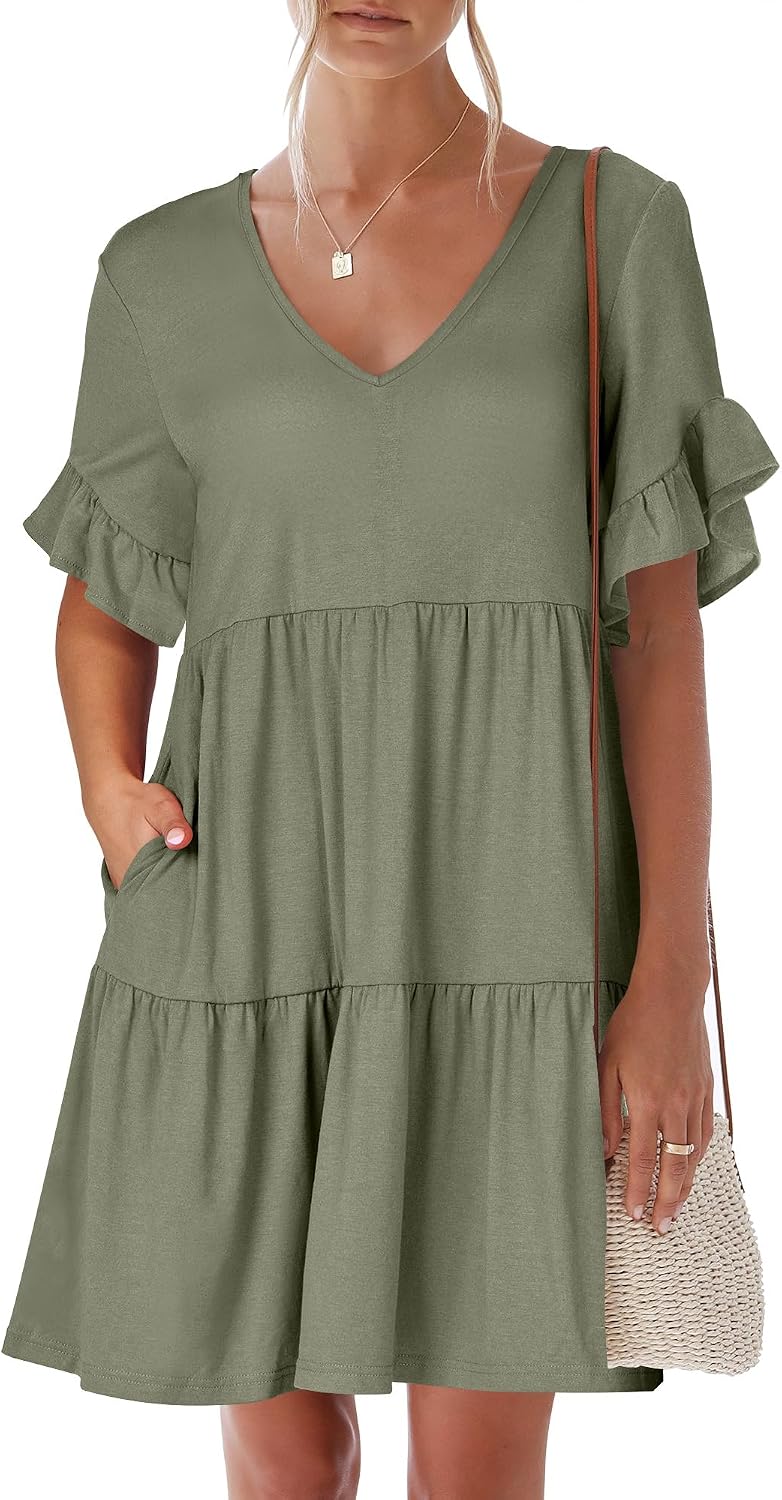 ANRABESS Dresses for Women Summer 2026 V Neck Ruffle Sleeve A Line Tiered Flowy Casual Trendy Mini Beach Dress with Pockets