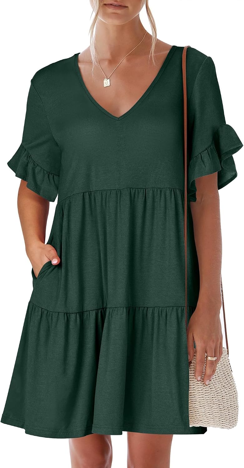 ANRABESS Dresses for Women Summer 2026 V Neck Ruffle Sleeve A Line Tiered Flowy Casual Trendy Mini Beach Dress with Pockets