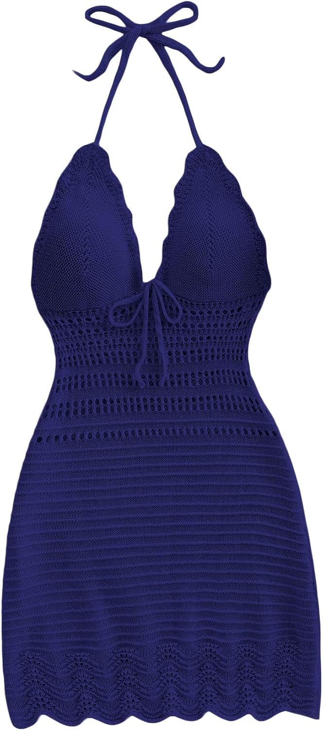 GORGLITTER Women's Crochet Halter Mini Dress Western Cowgirl Sweater Dress | Boho Knit Backless Dresses, 90s Country Concert Party Festival Outfits, Rave Hippie Clothes