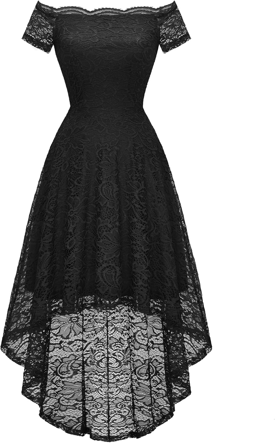 Dressystar Women's Lace Off Shoulder Cocktail Formal Wedding Guest Dress | Hi Lo Bridesmaid Wedding Dresses,Short Sleeve Party Swing Dress, A Line Design,Convertible Neckline,Soft Lace Long Dress