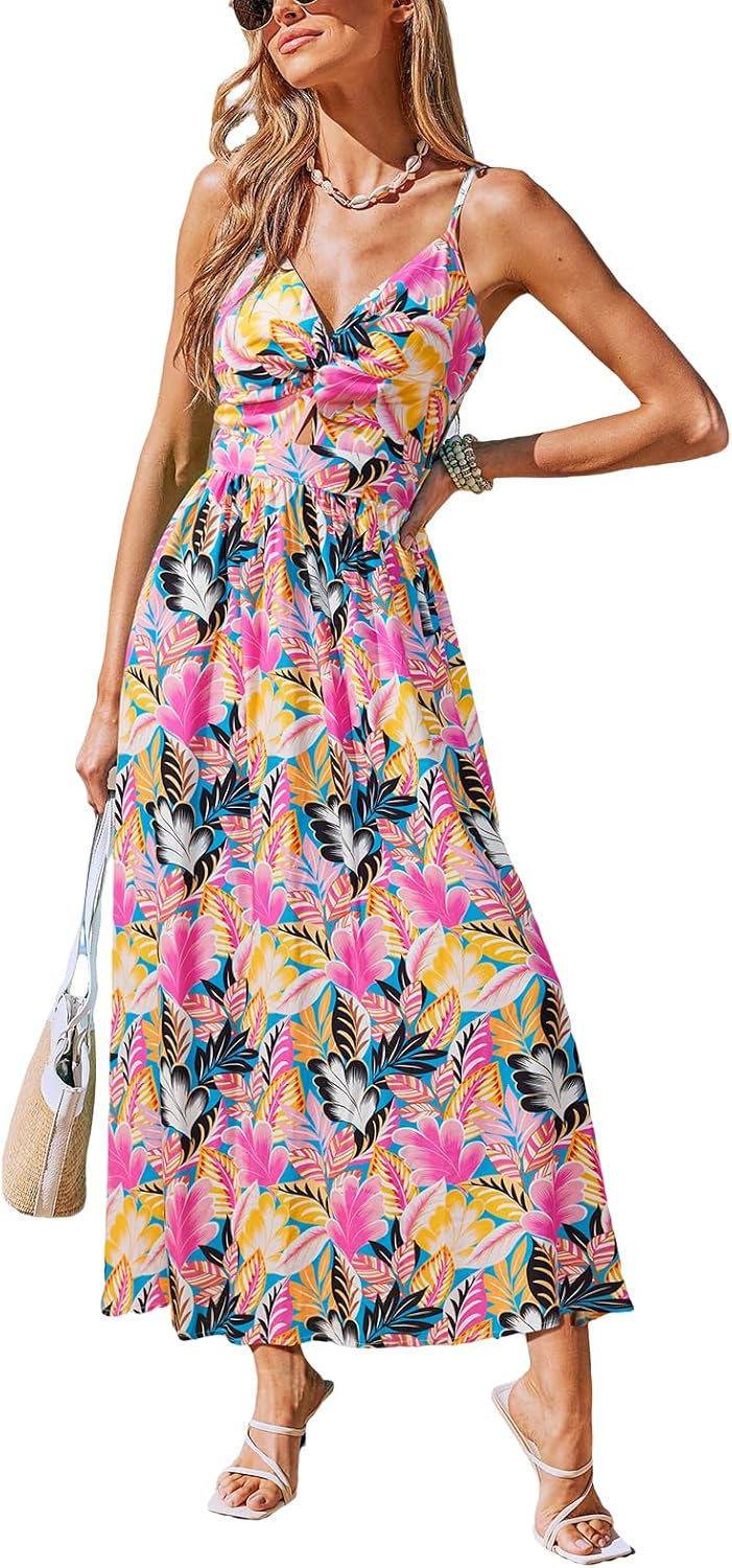CUPSHE Women's Maxi Dress Floral Print Twisted V Neck Sleeveless Long Dress Summer Casual Dress