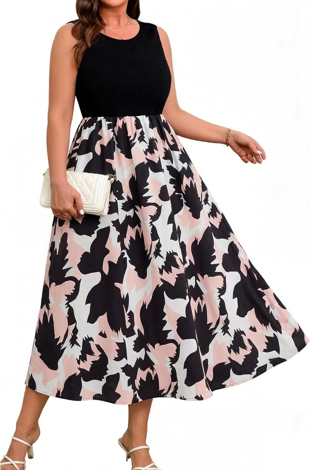 RWJ Plus Size Summer Sleeveless Tank Dress for Women Smocked Midi Sundress | Casual Loose Fit, Tiered Long Dresses, Beach Vacation, Holiday, Wedding Guest, Cocktail Party, Resort, Music Festival, Date