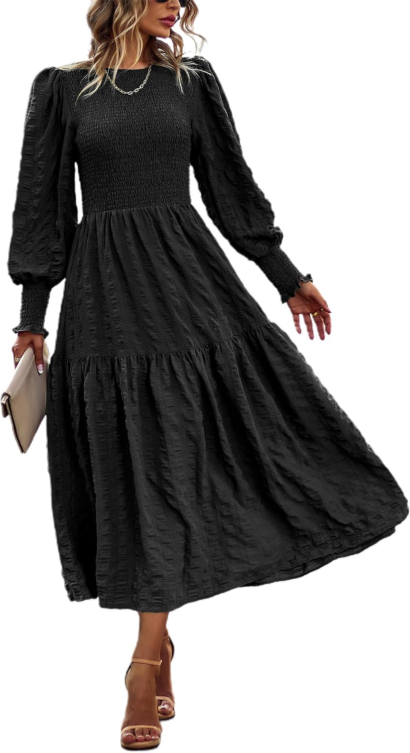 PRETTYGARDEN Women 2026 Spring Puff Long Sleeve Crewneck Smocked Maxi Dress Empire Waist Tiered A-line Swing Flowy Long Dress
