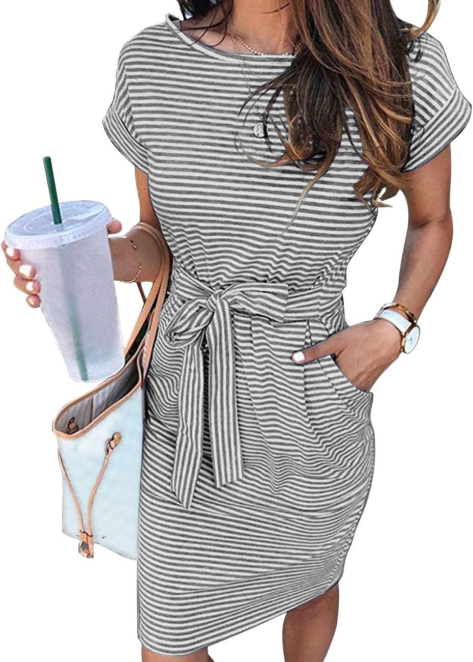 MEROKEETY Women's 2026 Summer Short Sleeve Casual T Shirt Dress | Striped, Tie Waist, Crew Neck, Work Vacation Beach, Trendy Fashion Cute Short Dresses