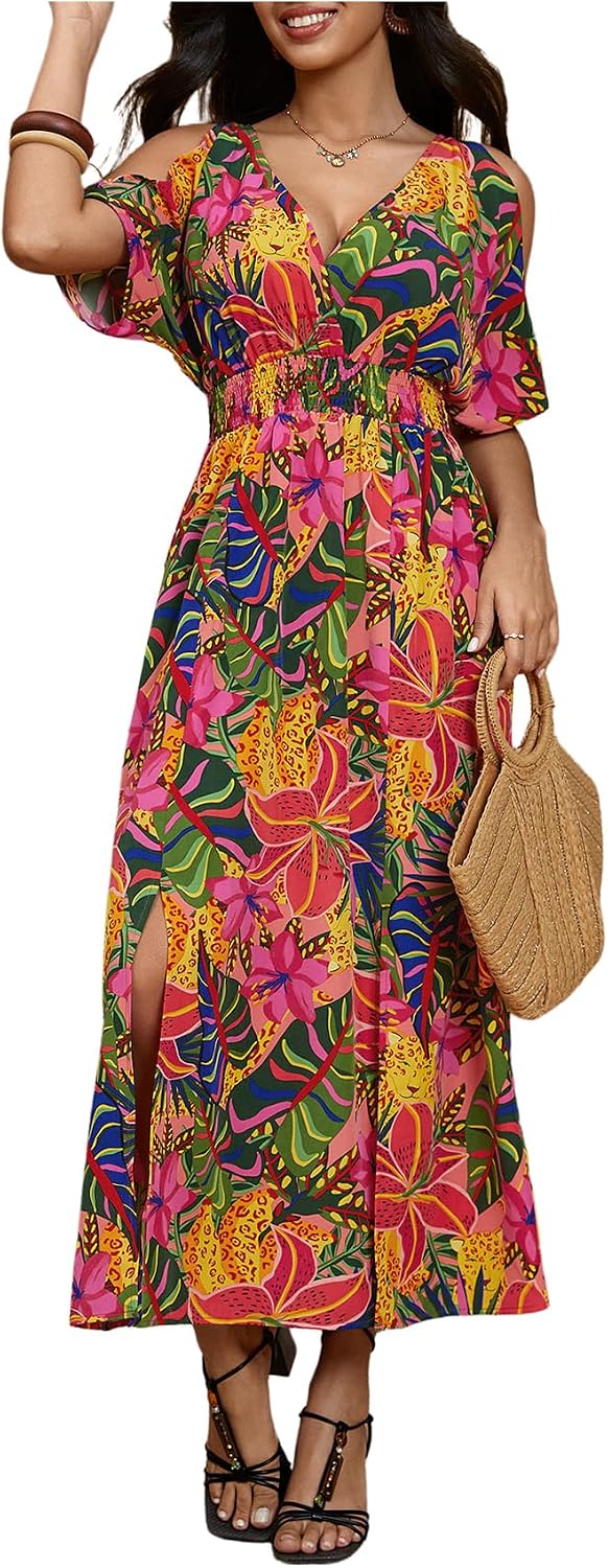 Verdusa Women's Summer Tropical Maxi Dress Hawaiian Vacation Beach Dresses | Cruise Dresses, Summer Cold Shoulder Dress, Resort Wear, Vacation Outfits, Island Dress