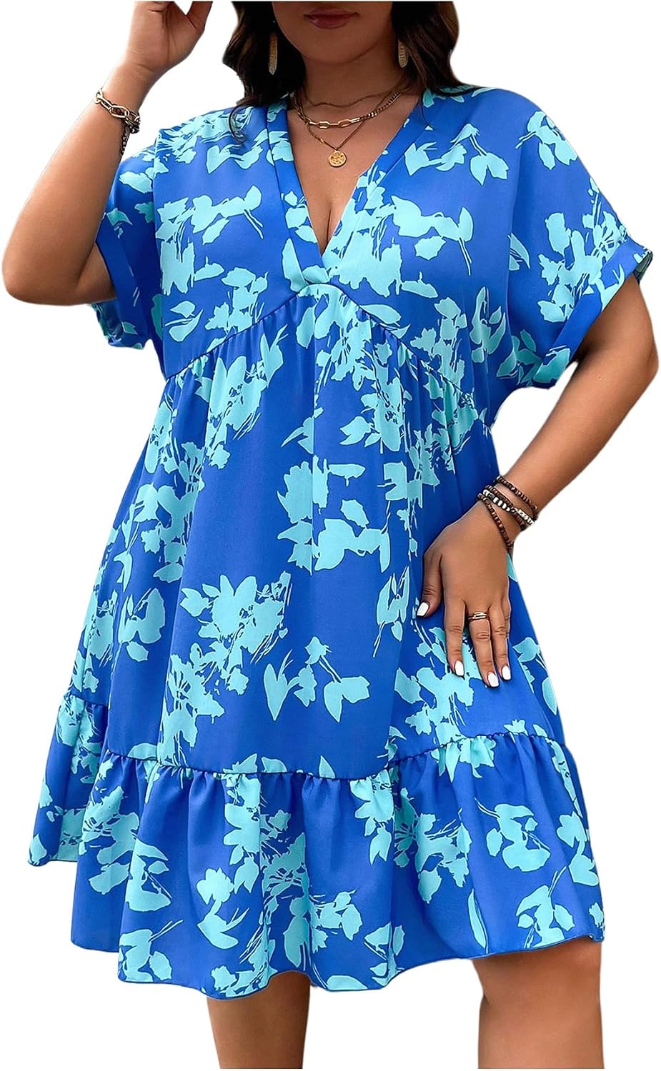 Floerns Women's Plus Size V Neck Short Sleeve Ruffle Hem A Line Short Dress | Surplice Ruffle Hem, A Line, V Neck, Short Sleeve, Boho Hawaiian Short Dress