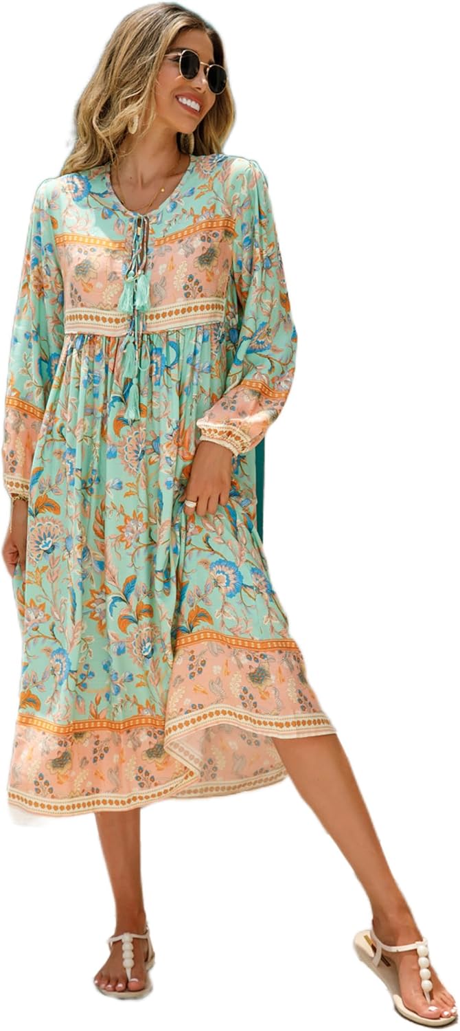 R.Vivimos Women's Long Sleeve Casual Boho Floral Midi Dresses | Retro V Neck, Tassel Tie, Beach Vacation Outfits, Resort Wear