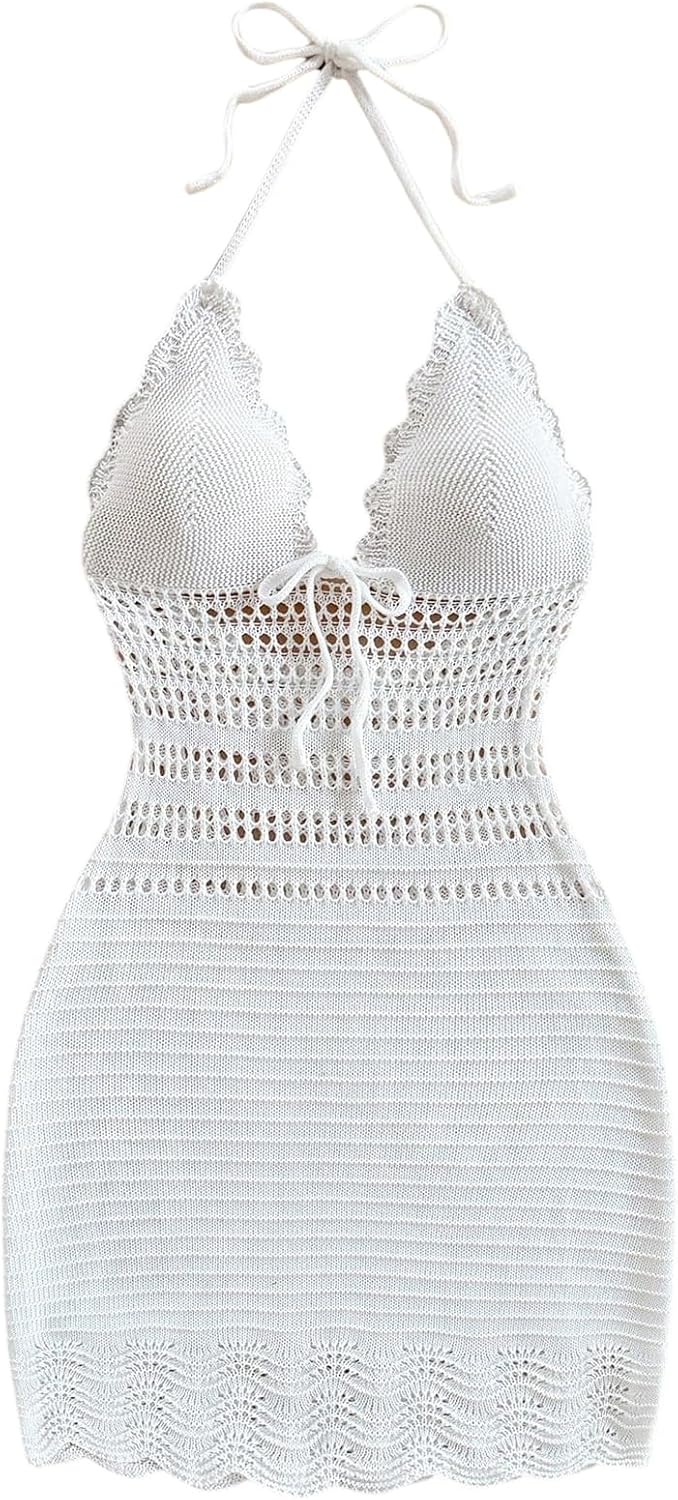 GORGLITTER Women's Crochet Halter Mini Dress Western Cowgirl Sweater Dress | Boho Knit Backless Dresses, 90s Country Concert Party Festival Outfits, Rave Hippie Clothes