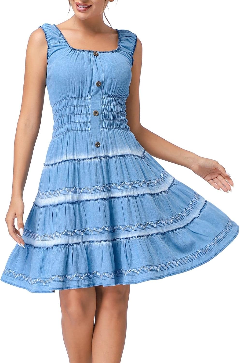 DREFBUFY Womens Denim Maxi Dress Sleeveless Summer Casual Blue Cotton Boho Flowy Long Jean Sundresses for Women