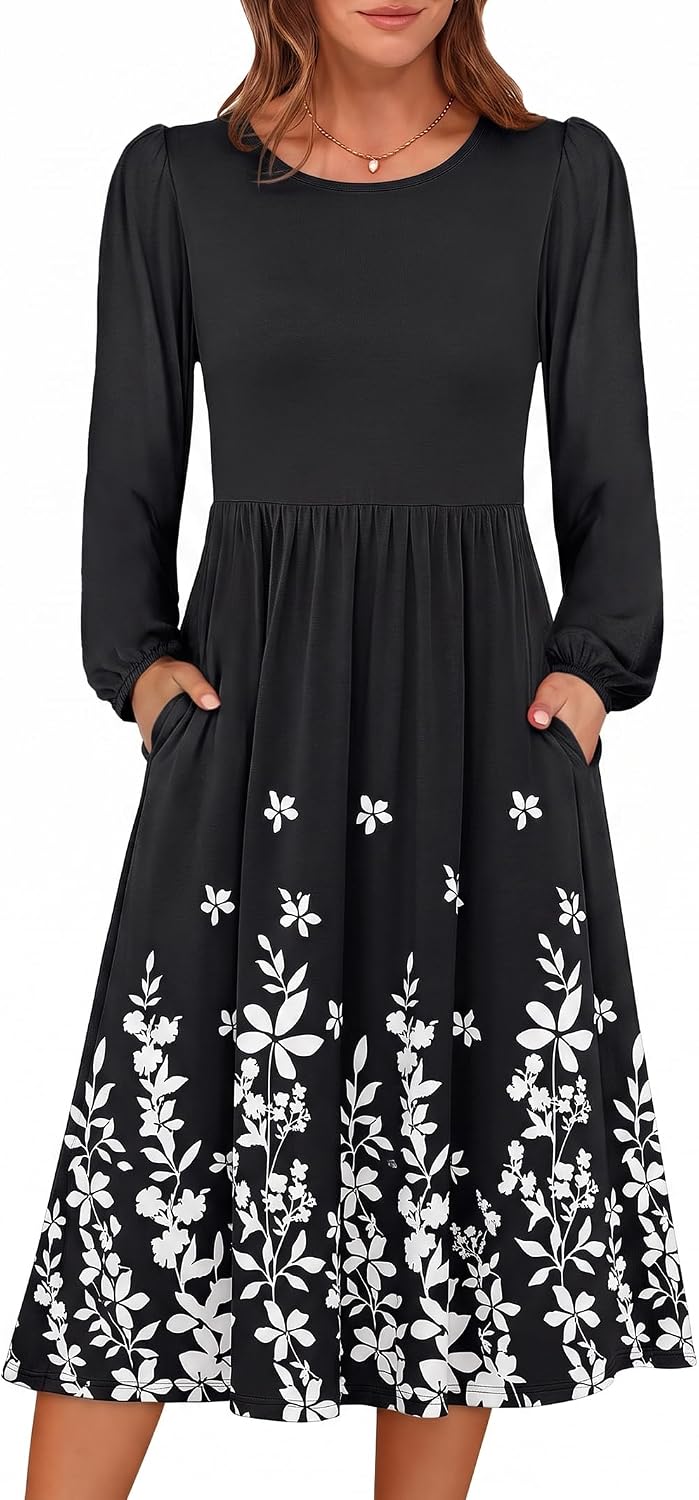 ANRABESS Women Long Sleeve Casual Fall Midi Dress Lightweight with Pockets | Crewneck Flowy A-Line Long Dresses, Comfy Soft, Church Floral Vacation Outfits, Fashion Transition, Winter Layering Clothes