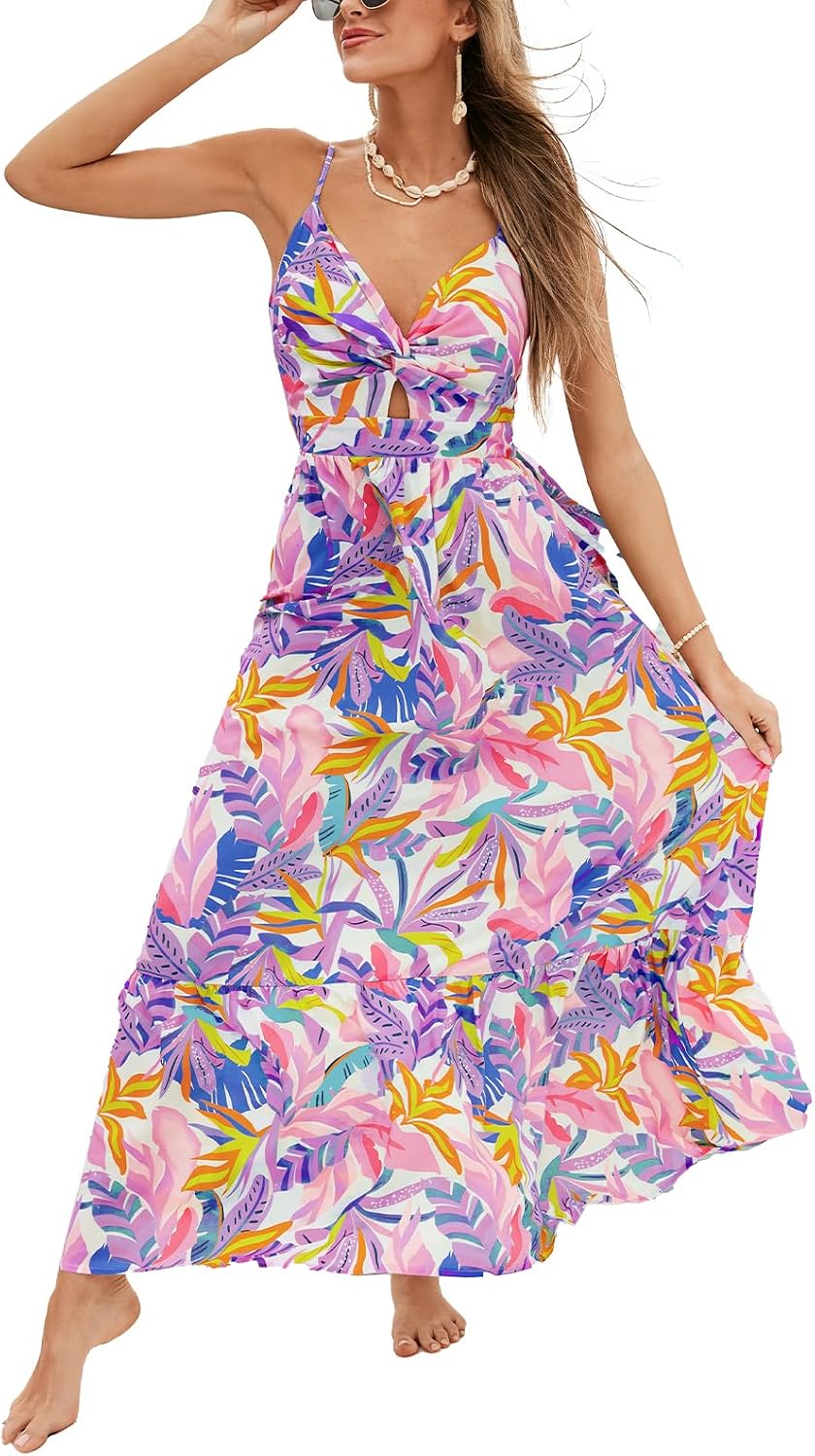 CUPSHE Women's Maxi Dress Floral Print Twisted V Neck Sleeveless Long Dress Summer Casual Dress