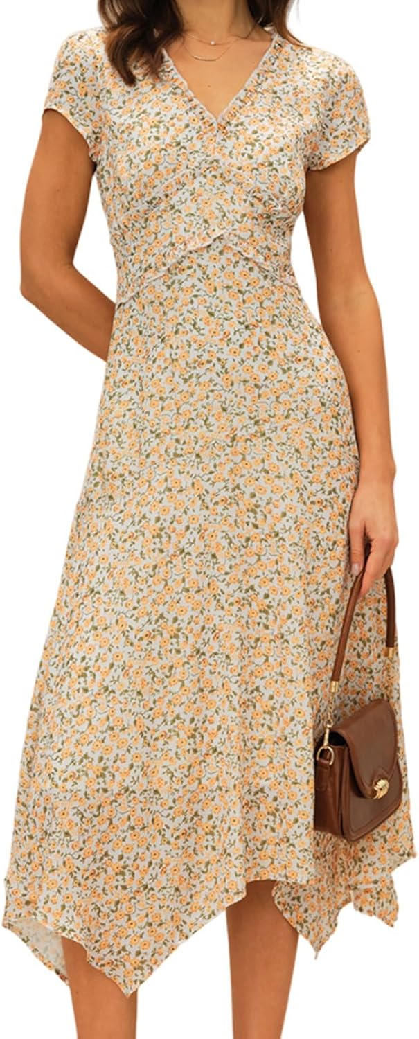RIHOAS Women's Polka Dot Midi Dress Wrap V-Neck Short Sleeve Summer Dress | Black,Ruffle,High Low Hem,Flowy,Flatter,Cute,Elegant,Vestidos,Casual,Party,Vocation,Spring,Fall,Summer,Birthday,Church,Beach