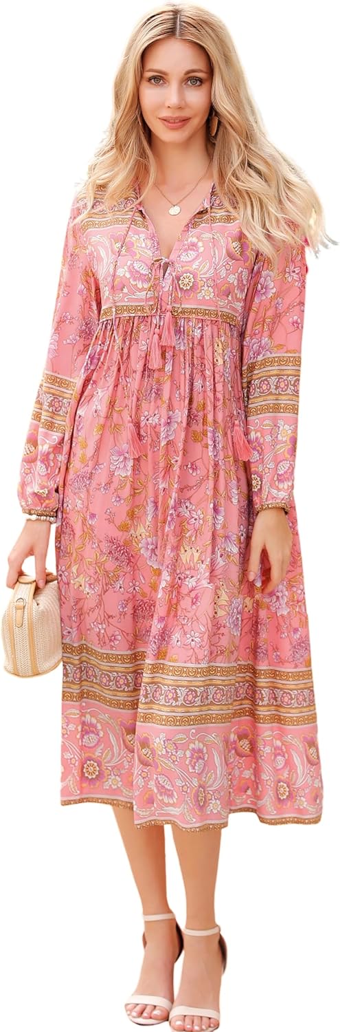 R.Vivimos Women's Long Sleeve Casual Boho Floral Midi Dresses | Retro V Neck, Tassel Tie, Beach Vacation Outfits, Resort Wear