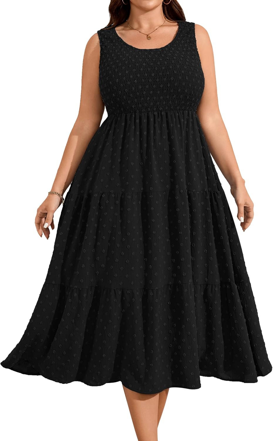 RWJ Plus Size Summer Sleeveless Tank Dress for Women Smocked Midi Sundress | Casual Loose Fit, Tiered Long Dresses, Beach Vacation, Holiday, Wedding Guest, Cocktail Party, Resort, Music Festival, Date