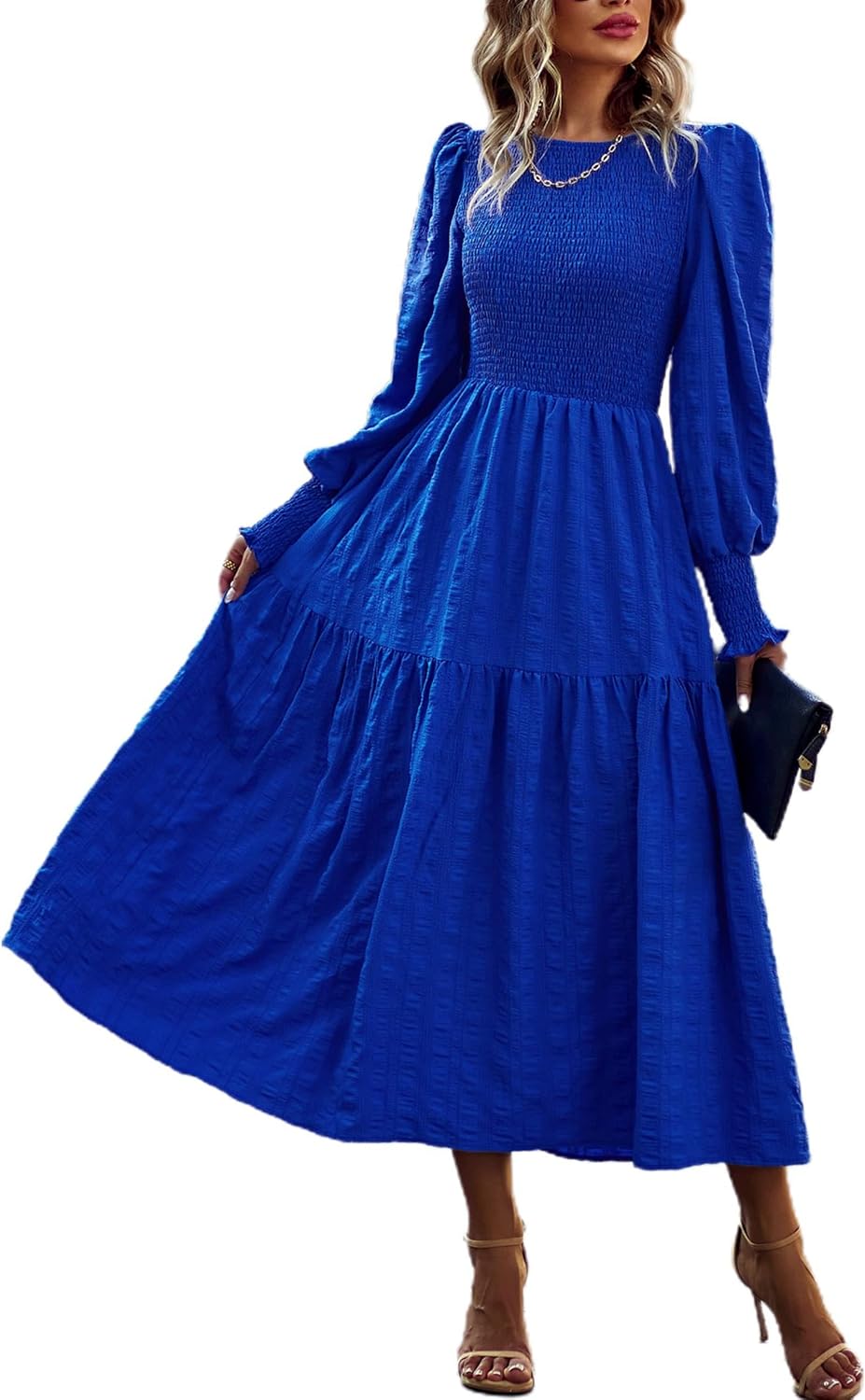 PRETTYGARDEN Women 2026 Spring Puff Long Sleeve Crewneck Smocked Maxi Dress Empire Waist Tiered A-line Swing Flowy Long Dress