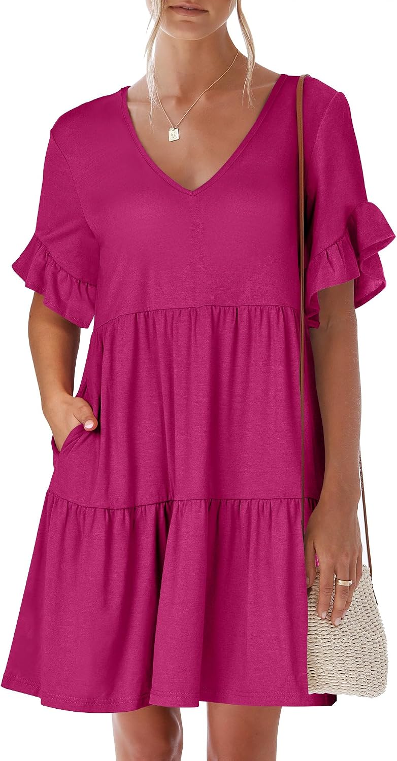 ANRABESS Dresses for Women Summer 2026 V Neck Ruffle Sleeve A Line Tiered Flowy Casual Trendy Mini Beach Dress with Pockets