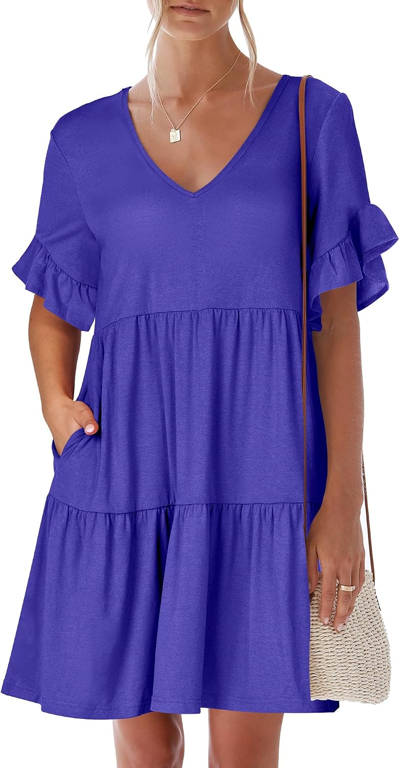 ANRABESS Dresses for Women Summer 2026 V Neck Ruffle Sleeve A Line Tiered Flowy Casual Trendy Mini Beach Dress with Pockets
