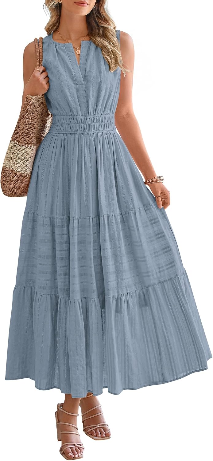 BTFBM Womens Summer Casual Midi Maxi Dress 2026 | Lightweight Sleeveless Boho Sundress,Elastic Waist A Line,V Neck Cotton Long Dresses Pockets,Beach Vacation,Fashion Clothing