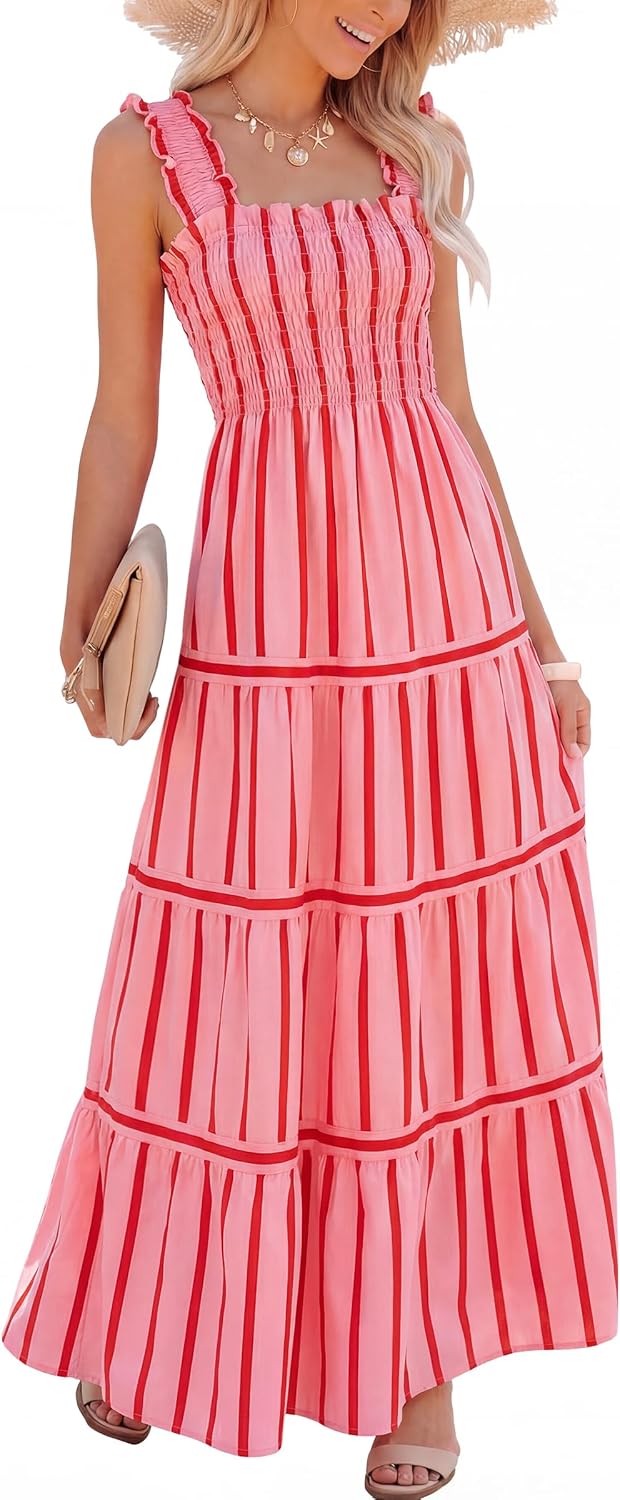 Caracilia Womens Summer Maxi Dresses Floral Smocked Boho Sundress | Sleeveless Ruffle Straps, Square Neck, Tiered Aline Flowy Casual Long Dress, Beach Vacation Outfits