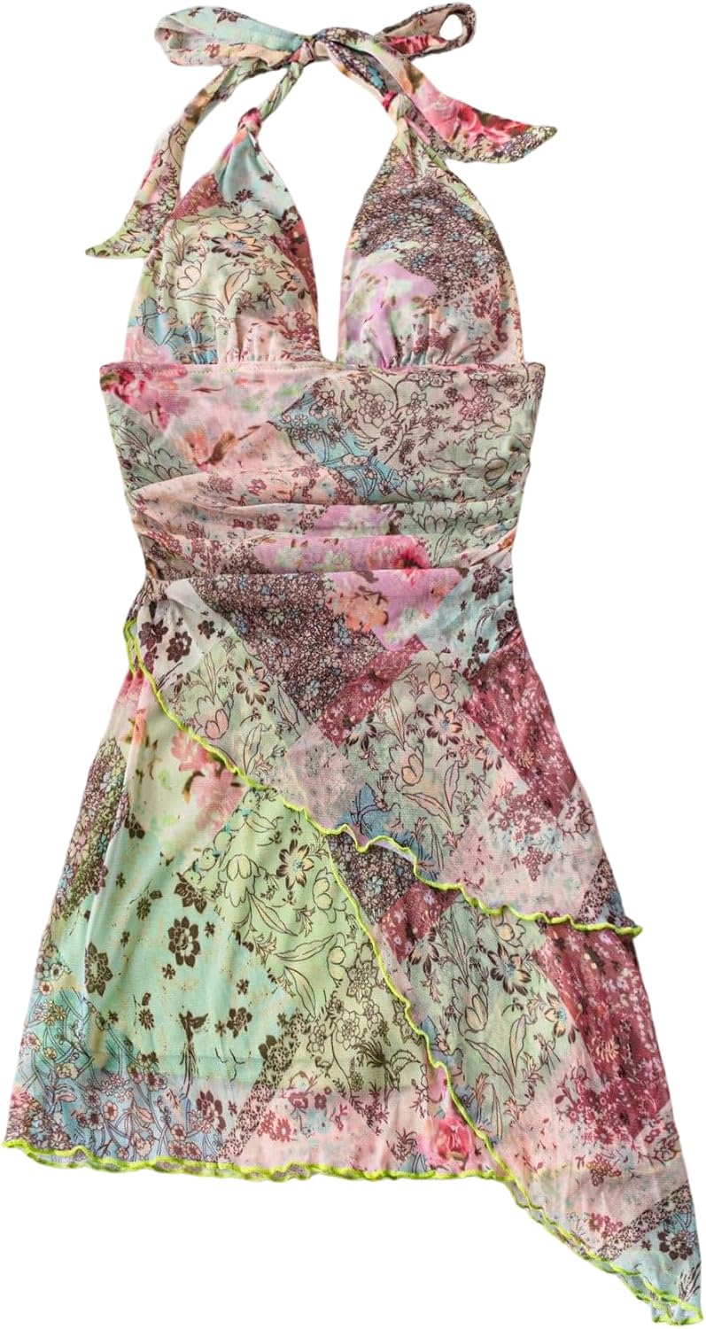 BEAUDRM Women's Summer Mini Dress Halter Backless Vacation Beach Sundresses | Boho Dress, Floral Dress for Women, Vacation Beach Outfits, Going Out Dress, Brunch Outfits