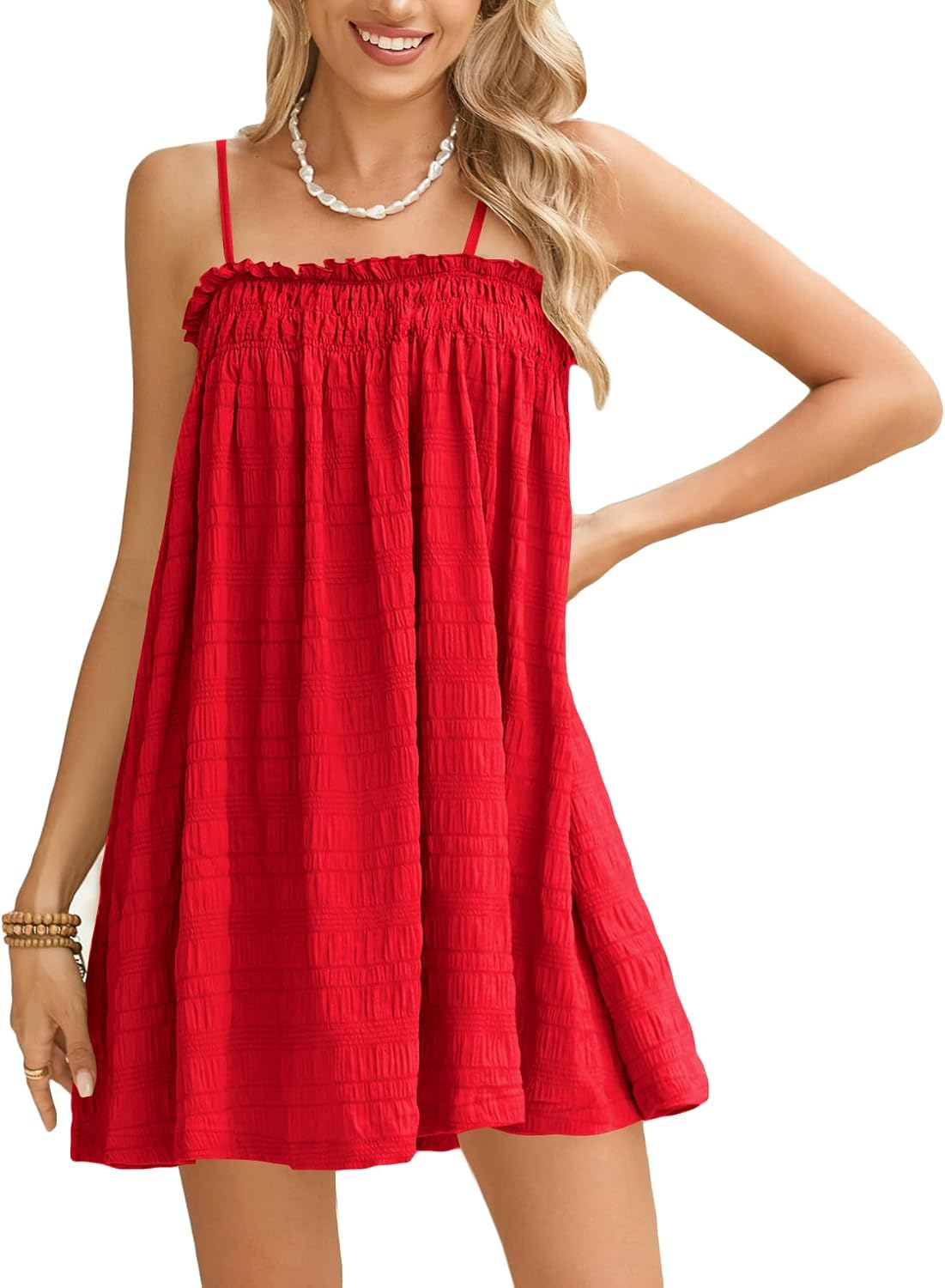 MakeMeChic Women's Babydoll Dress Sleeveless Swing Shirred Mini Dresses | Beach, Summer, Sundress, Ruffle, Casual Dress, Flowy Dress