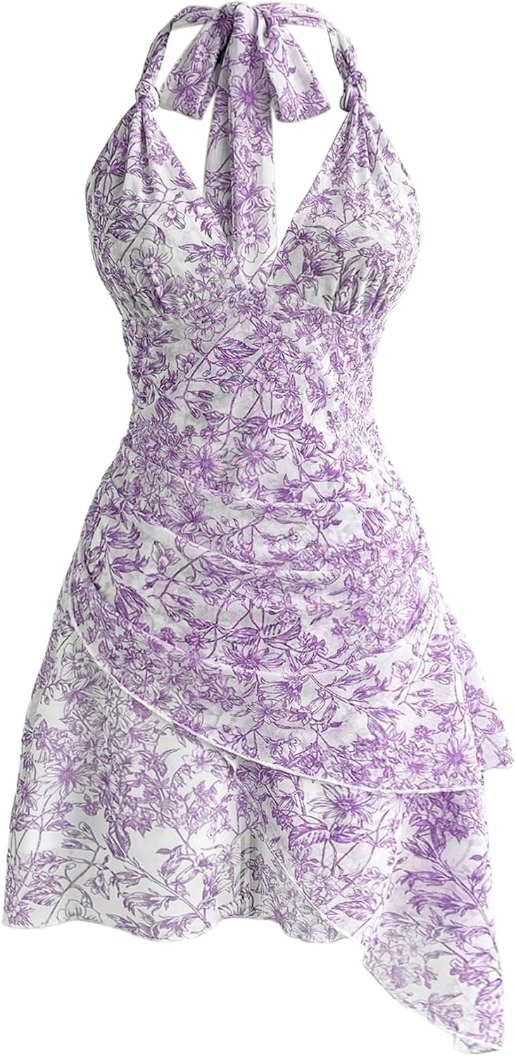 BEAUDRM Women's Summer Mini Dress Halter Backless Vacation Beach Sundresses | Boho Dress, Floral Dress for Women, Vacation Beach Outfits, Going Out Dress, Brunch Outfits