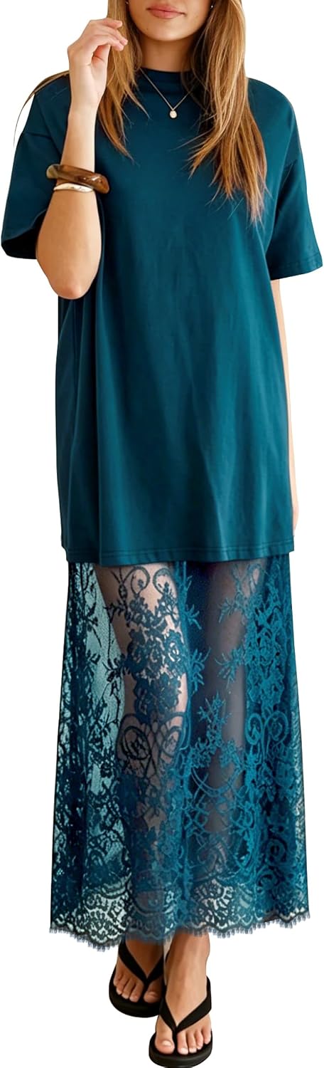 miduo Womens Summer Short Sleeve Crewneck Lace Patchwork Maxi Dresses | Casual Lace Patchwork Maxi Dress Long Shift Dresses