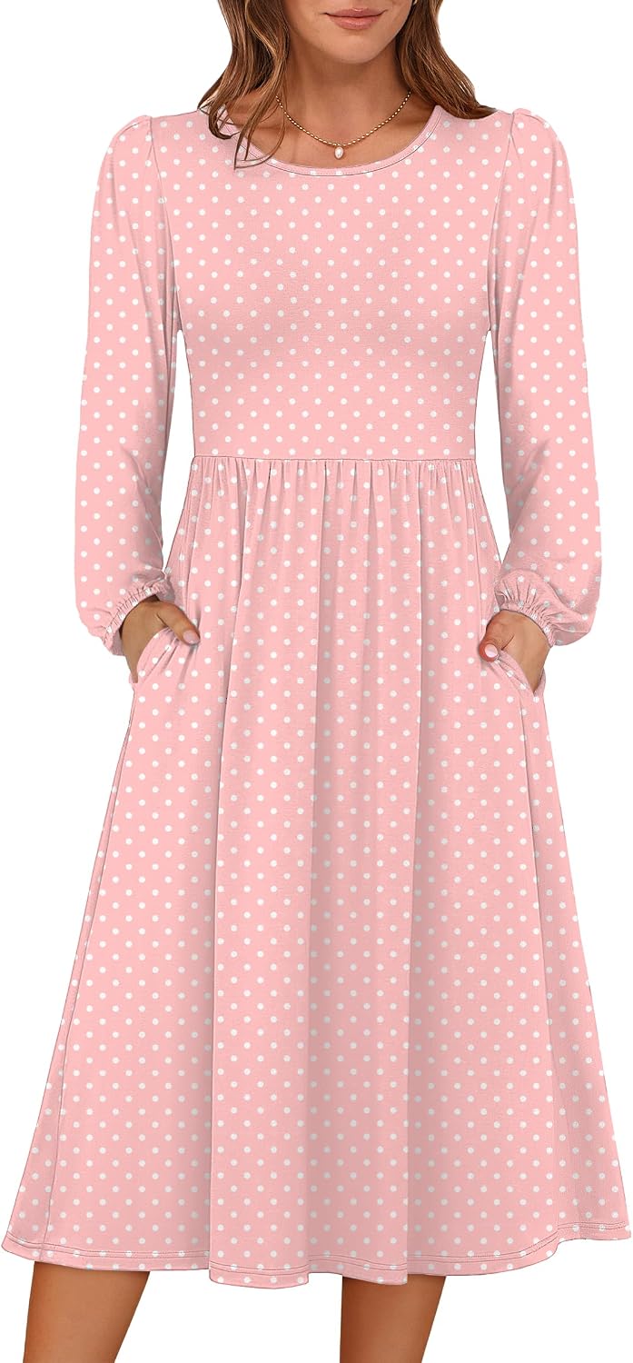 ANRABESS Women Long Sleeve Casual Fall Midi Dress Lightweight with Pockets | Crewneck Flowy A-Line Long Dresses, Comfy Soft, Church Floral Vacation Outfits, Fashion Transition, Winter Layering Clothes