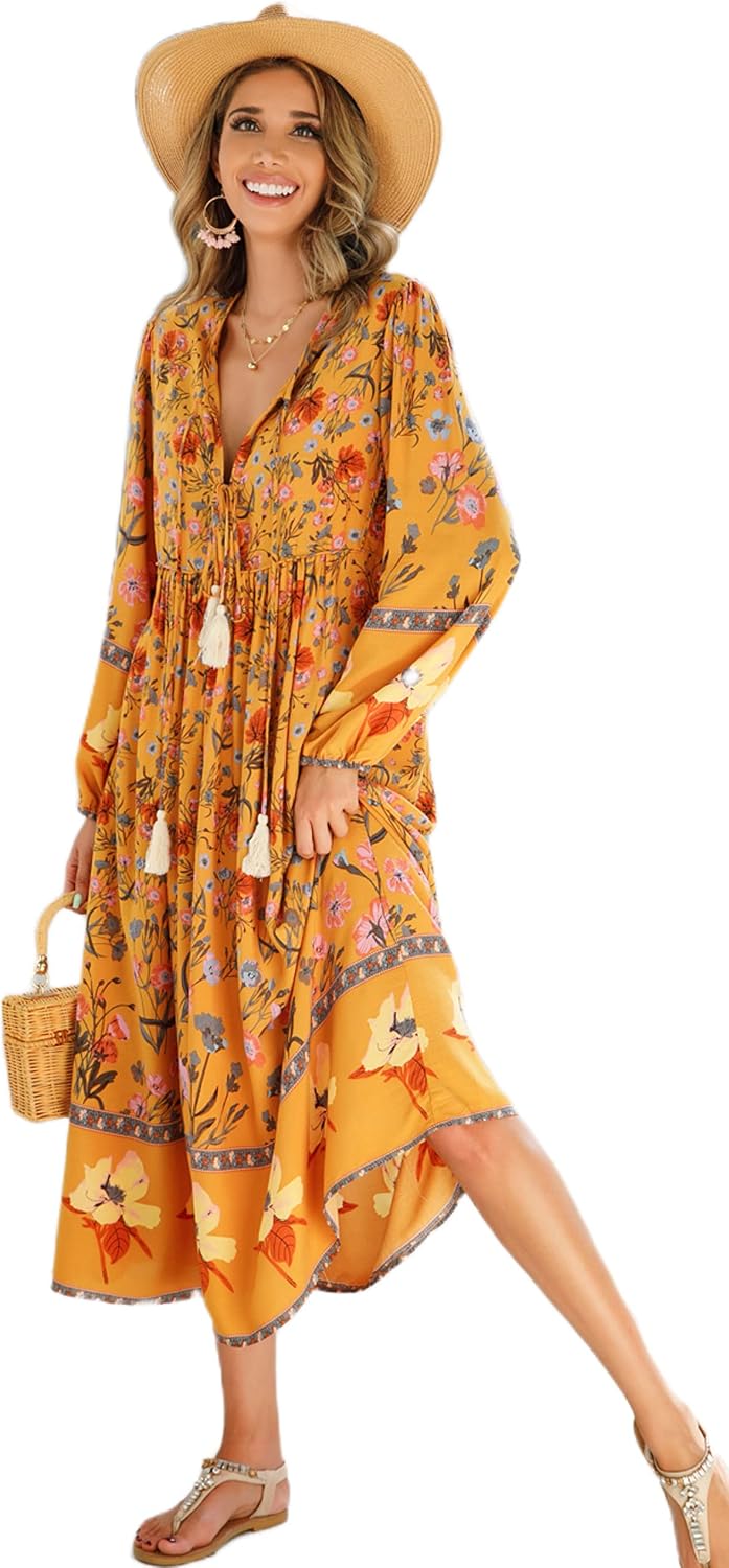 R.Vivimos Women's Long Sleeve Casual Boho Floral Midi Dresses | Retro V Neck, Tassel Tie, Beach Vacation Outfits, Resort Wear