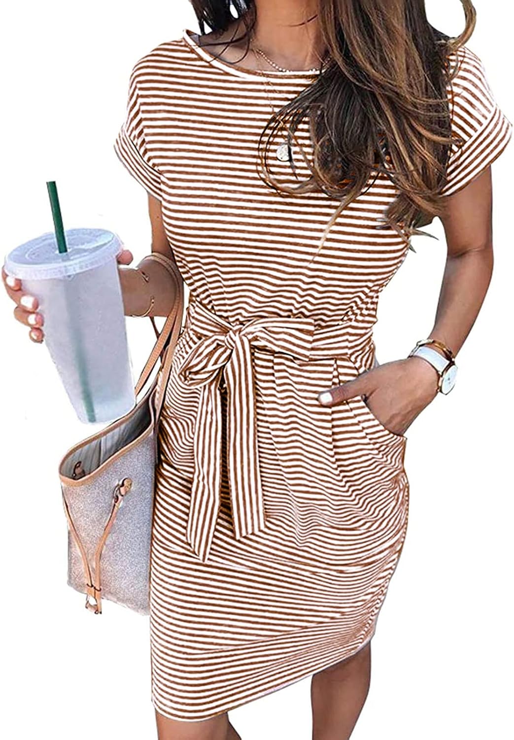 MEROKEETY Women's 2026 Summer Short Sleeve Casual T Shirt Dress | Striped, Tie Waist, Crew Neck, Work Vacation Beach, Trendy Fashion Cute Short Dresses