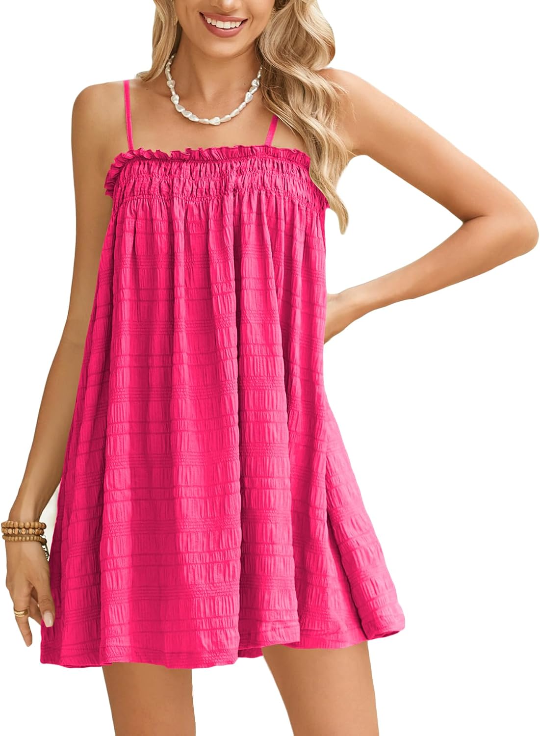 MakeMeChic Women's Babydoll Dress Sleeveless Swing Shirred Mini Dresses | Beach, Summer, Sundress, Ruffle, Casual Dress, Flowy Dress