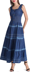 DREFBUFY Womens Denim Maxi Dress Sleeveless Summer Casual Blue Cotton Boho Flowy Long Jean Sundresses for Women