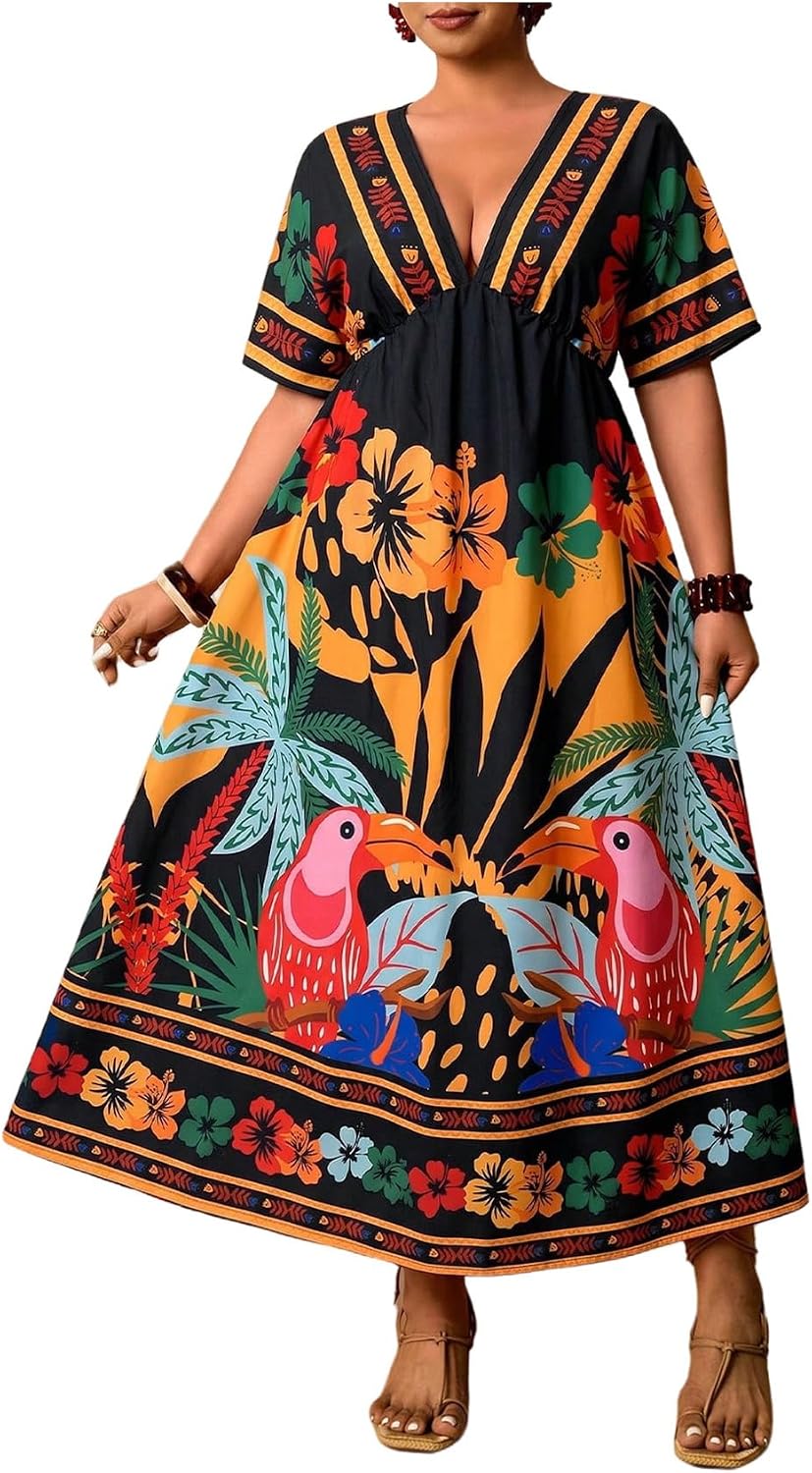 Floerns Women's Plus Size Hawaiian Tropical V Neck Long Dress | V Neck,Boho Hawaiian Tropical,All Over Print,Short Sleeve,Vacation Outfits