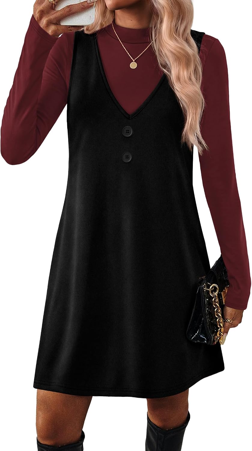 OFEEFAN Fall Dresses for Women 2 Piece Sets Long Sleeve Overall Dress with Pockets Abvoe Knee Fashion Winter Clothing