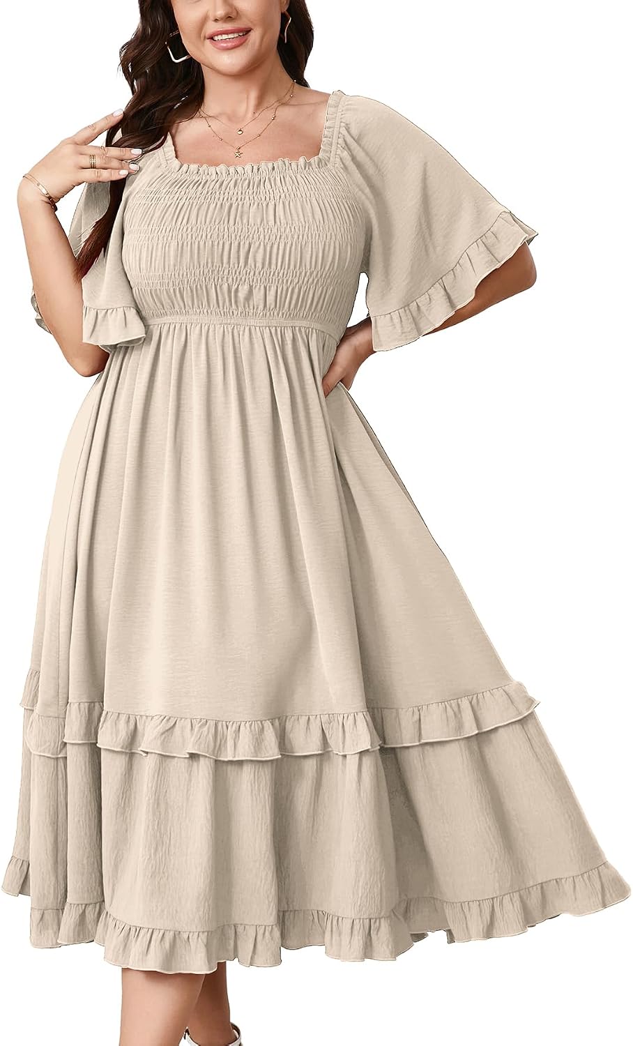 SCOMCHIC Women's Plus Size Maxi Summer Wedding Guest Cocktail Boho Dresses | Short Sleeve, Square Neck Smocked, A line, Fall, Elegant Flowy Long Dress