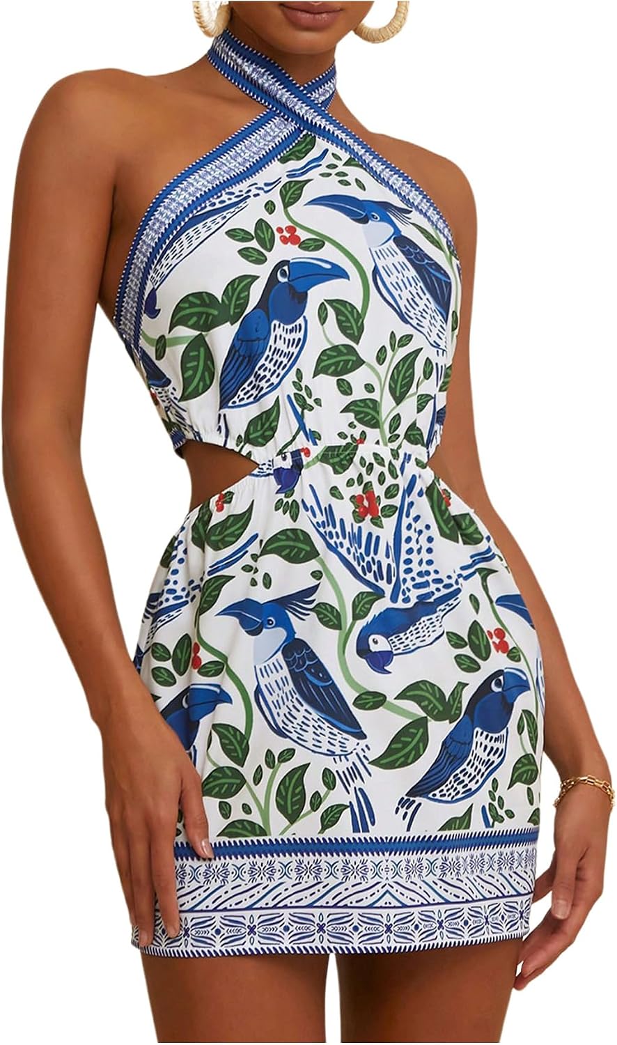 MakeMeChic Women's Boho Mini Dress Tropical Vacation Dress | Beach Vacation Outfits, Floral, Halter, Sundress