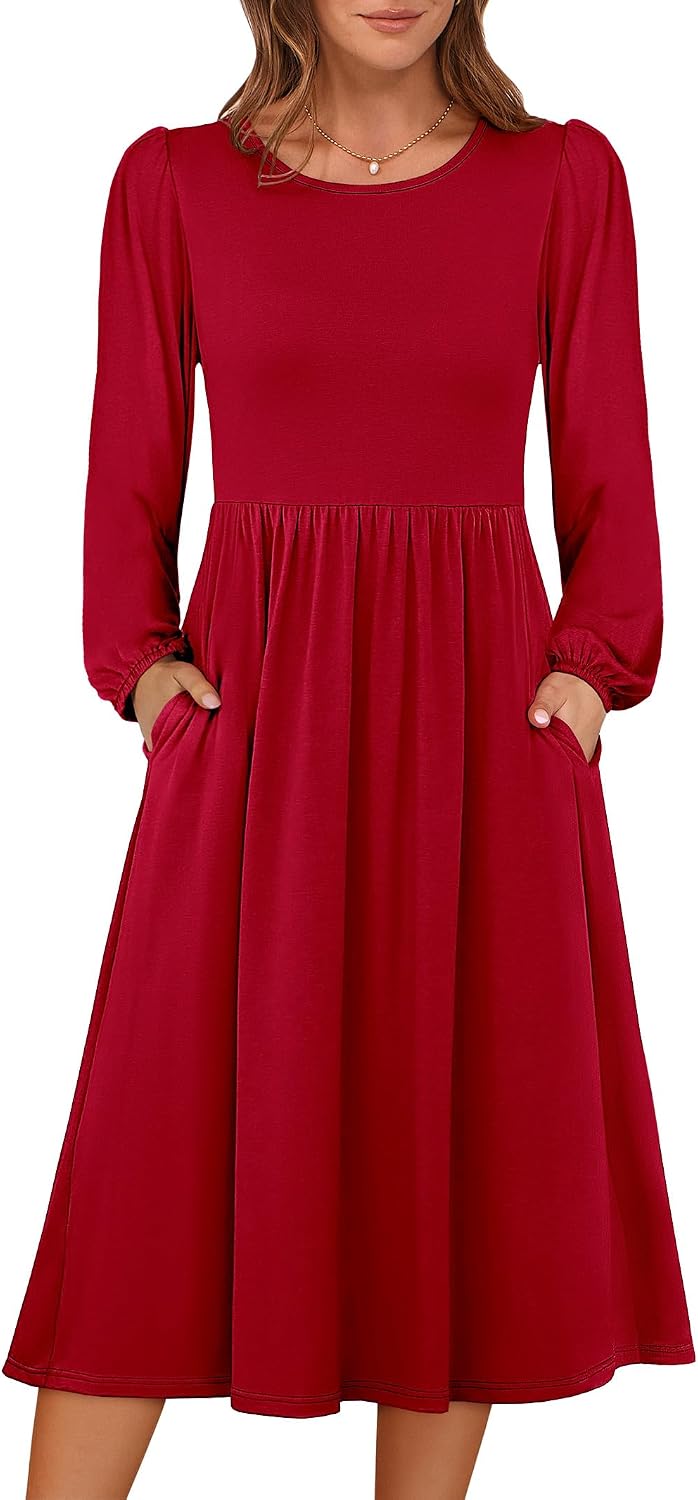 ANRABESS Women Long Sleeve Casual Fall Midi Dress Lightweight with Pockets | Crewneck Flowy A-Line Long Dresses, Comfy Soft, Church Floral Vacation Outfits, Fashion Transition, Winter Layering Clothes