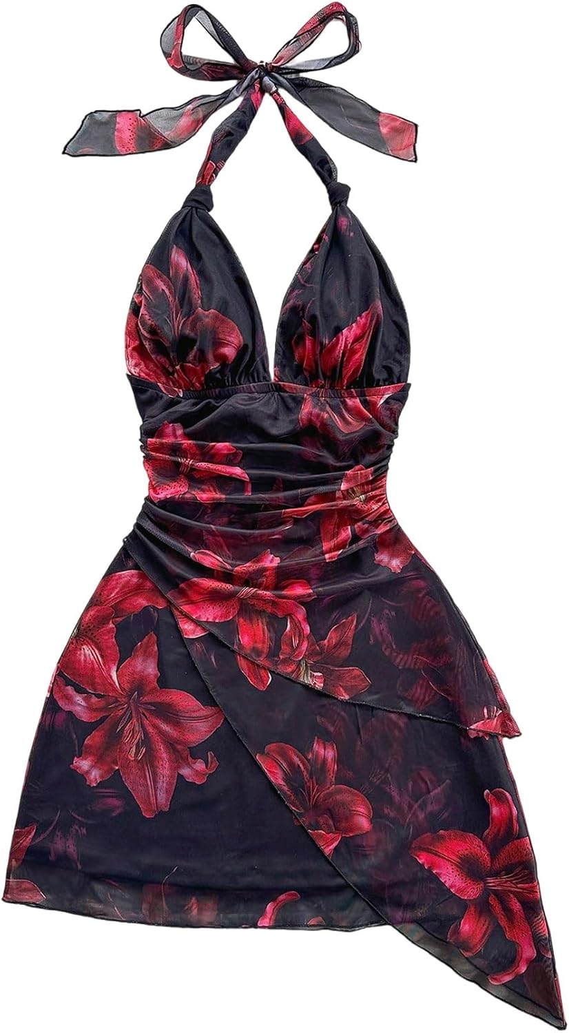 BEAUDRM Women's Summer Mini Dress Halter Backless Vacation Beach Sundresses | Boho Dress, Floral Dress for Women, Vacation Beach Outfits, Going Out Dress, Brunch Outfits