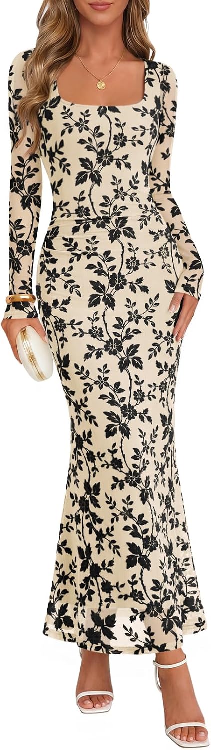 MEROKEETY Women Fall Formal Wedding Guest Long Sleeve Floral Cocktail Dress | 2026, Maxi, Flocked Mesh Fabric, Square Neck, Bodycon, Fitted, Ruched, Baby Shower, Bridal Shower, Winter Holiday Party Dress